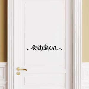 May include: A white door with a gold handle and the word "kitchen" in black script. The word is centered horizontally and placed near the bottom of the door.