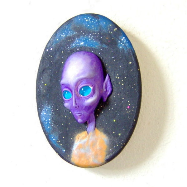 Purple Alien Face Wall Sculpture Visionary Art