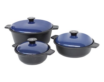 3pc Cast Iron Casserole Pots Pans with Lid Stew Soup Cooking Dutch Oven Cookware