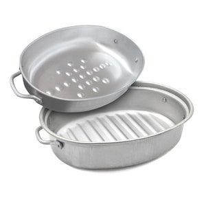 May include: A silver aluminium roasting pan with a removable grill insert. The pan is round and has a handle on each side. The grill insert has raised ridges.