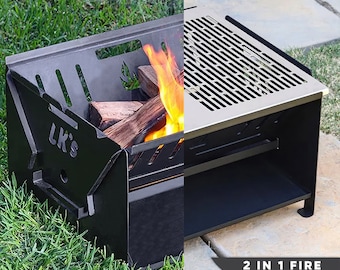 May include: A black metal fire pit braai with a removable grill grate. The fire pit is on a grassy surface and the grill grate is on a patio. The fire pit has a logo that says "LK's". The text "2 in 1 Fire Pit Braai" is on the patio.