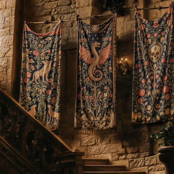 Toalla turca con tapiz medieval: dragón gótico, lobos y decoración de calaveras