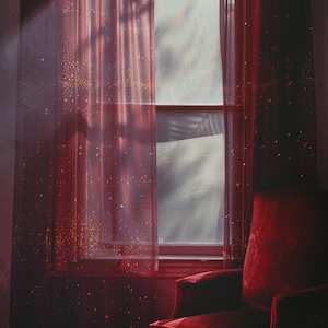 Pode incluir: Uma poltrona de veludo vermelho fica em frente a uma janela com cortinas de renda vermelha adornadas com estrelas douradas. A luz do sol entra pela janela, lan&ccedil;ando um brilho quente na sala.