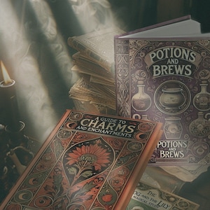 May include: A stack of antique-style books with ornate covers. The books feature titles like "Potions and Brews" and "A Guide to Charms and Enchantments." The covers are in shades of red, green, and purple, with detailed illustrations and text. A candle burns in the background.