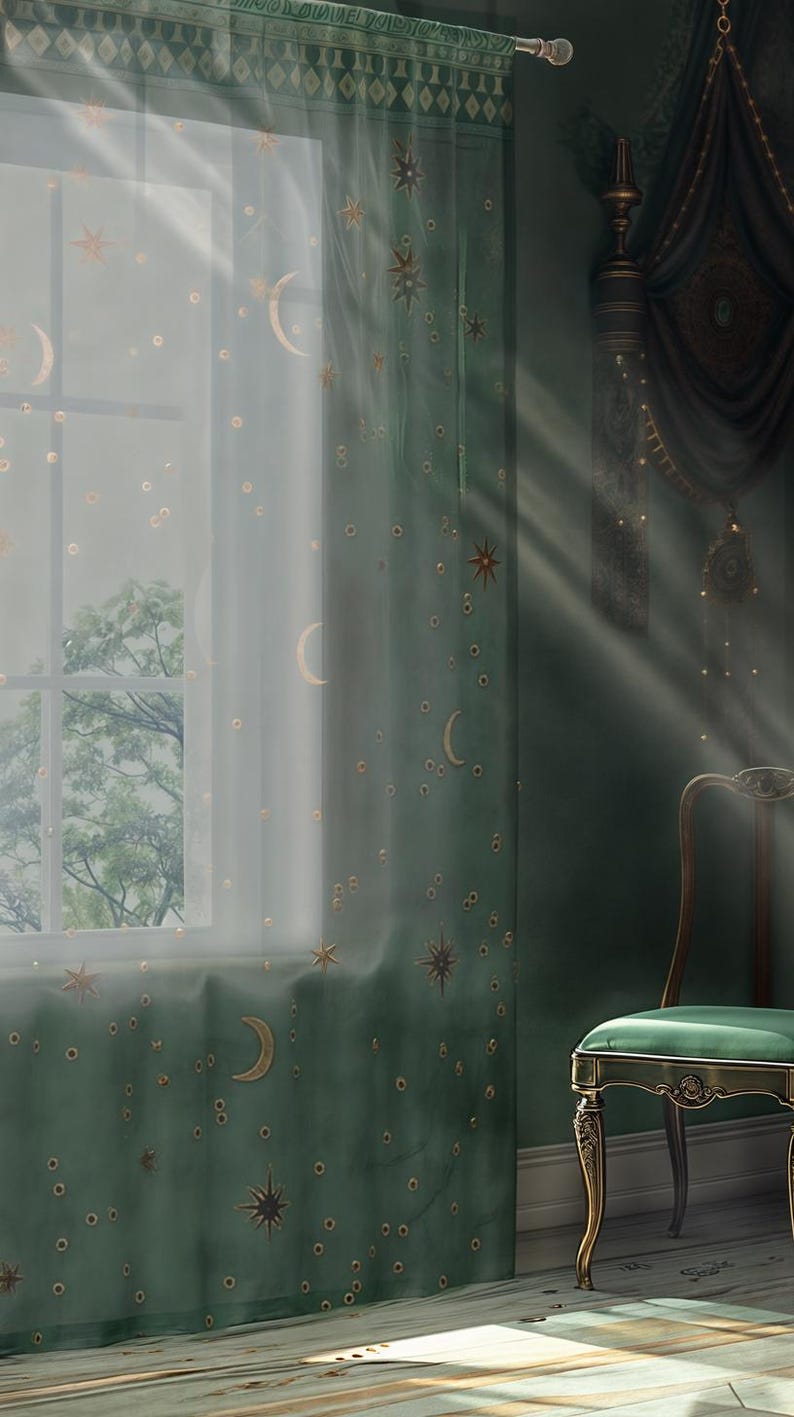 Pode incluir: Uma cortina verde transparente com estrelas douradas e luas crescente bordadas. A luz do sol entra pela janela e pela cortina, iluminando o quarto.