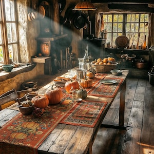 May include: A rustic dining table set for a harvest feast. The wooden table is adorned with pumpkins, decorative placemats, and a centerpiece of fruit. The room has a warm, inviting atmosphere with natural light streaming through the windows.