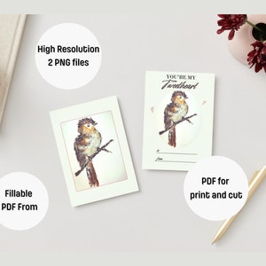 Cartão postal digital de pássaro em aquarela - Mini arte imprimível 4x6, marcador de página, cartão-presente, PDF preenchível, cartão Tweetheart, decoração com mini impressão, presente fofo