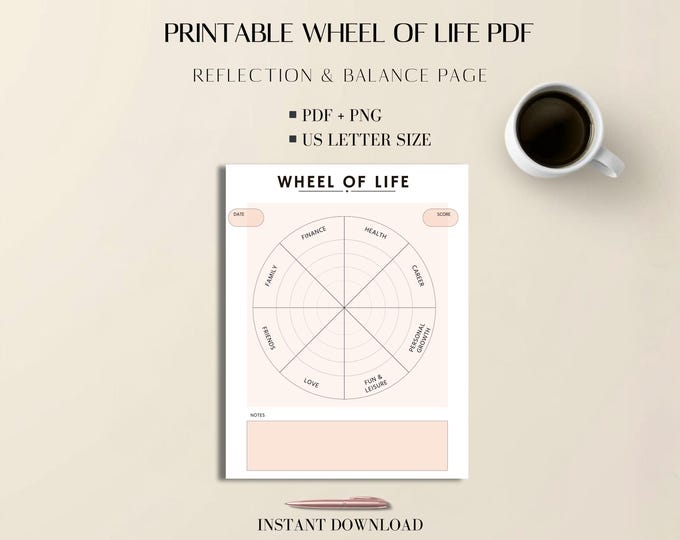Wheel of Life Printable PDF: Minimal Wellness Balance Chart US Letter