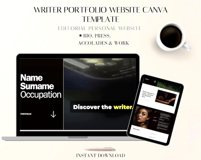 Canva Website Template for Writers & Journalists, Editable Personal Website, Modern Resume Template, Creative CV, Digital Download