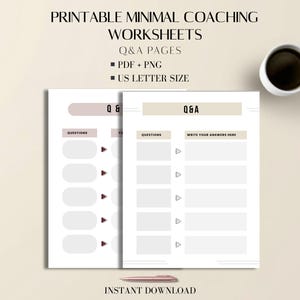 Coachningsarbetsblad Minimalistiska utskrivbara PDF + PNG, 2 fråge- och svarsmallar, bokstavsstorlek