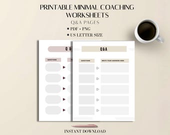 Coaching Worksheets Minimal Printable PDF + PNG, 2 Q&A Templates, Letter Size