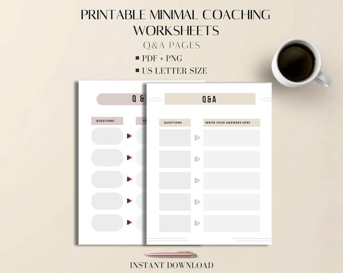 Coaching Worksheets Minimal Printable PDF + PNG, 2 Q&A Templates, Letter Size