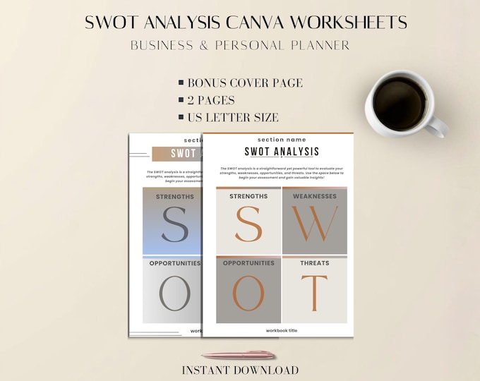 SWOT Analysis Canva Worksheets | Business & Personal Planner | 2 Layouts | US Letter Size
