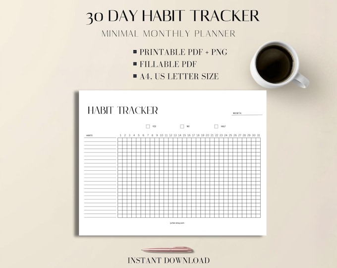 Daily Habit Tracker PDF | Minimal 30 Day Monthly Printable Planner