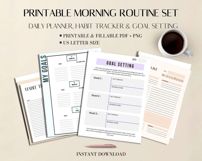 Productivity Pack Printable: Daily Planner, Habit Tracker, Goal Tracker, US Letter Size