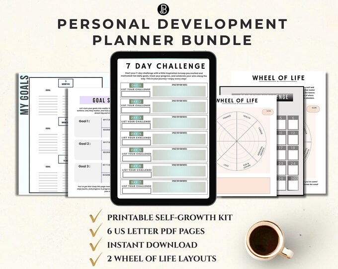 Personal Development Planner Bundle: Goal Setting, Wheel of Life, Printable Weekly Planner, Monthly Goal Planner, US Letter PDF