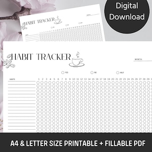 Rastreador mensual de hábitos y rutinas: Plantilla PDF imprimible, rellenable, tamaño A4/carta, para autocuidado y establecimiento de metas, Planificador de hábitos de café negro