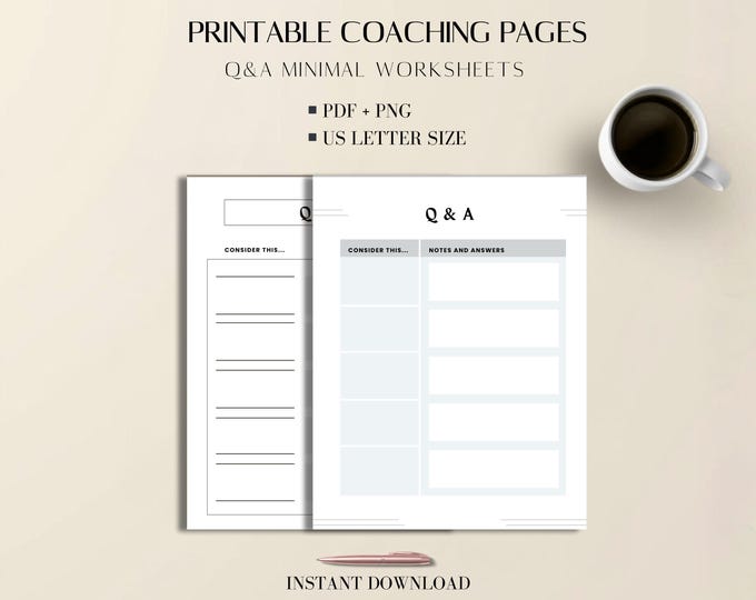 Coaching Worksheets Minimal PDF Templates: Printable Q&A Pages US Letter