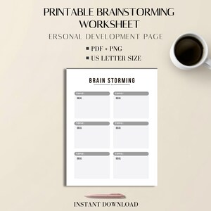 Może przedstawiać: Wydrukowany arkusz burzy mózgów z tekstem "Brain Storming" i sekcjami na tematy i pomysły. Arkusz znajduje się na białym tle z filiżanką kawy i tekstem "PDF + PNG" i "US LETTER SIZE".