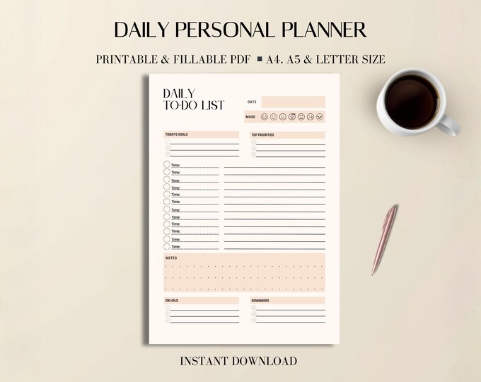 Daily Personal Planner | Mood Tracker | To Do List Printable PDF | A4, US Letter