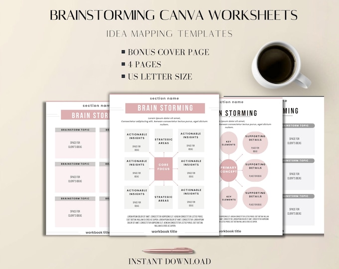 Weekly Planner Canva Worksheets: Idea Mapping Templates, Business Planning, 4 Pages, US Letter