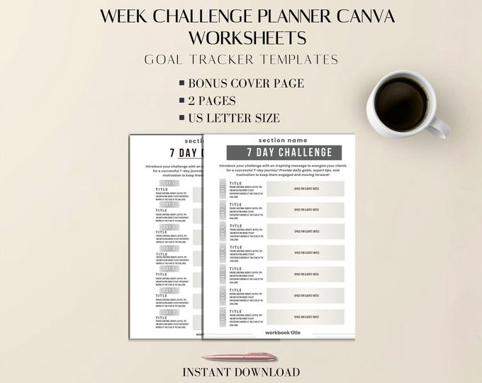 Week Challenge Planner Canva Worksheets | Goal Tracker Templates | 2 Layouts | US Letter Size