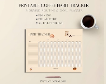 Habit Tracker - Coffee Planner: Printable Morning Routine PDF, Neutral A4 Letter Template
