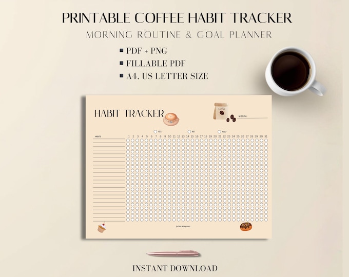 Habit Tracker - Coffee Planner: Printable Morning Routine PDF, Neutral A4 Letter Template