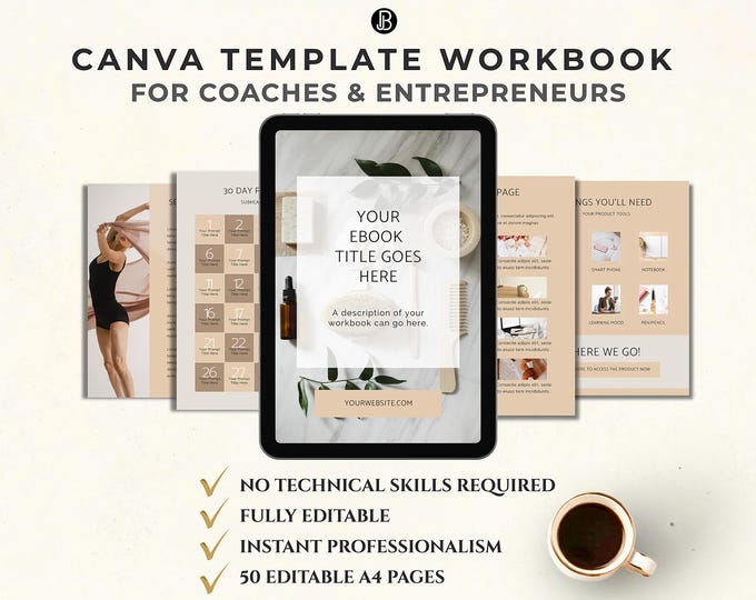 Canva Template Workbook for Coaches & Entrepreneurs, Editable Business Planner Pages, Minimal Coaching Workbook, Digital Download PDF Kit