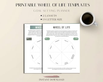 Wheel of Life PDF Printable: Minimal Goal Planner, Self-Reflection Template, US Letter