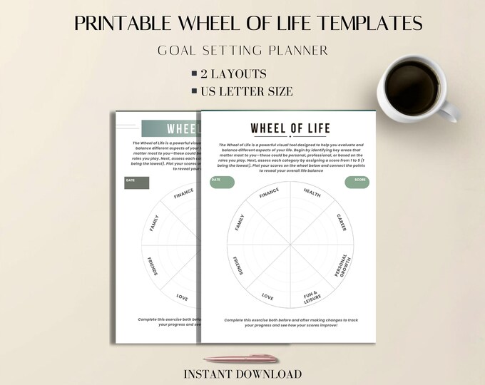 Wheel of Life PDF Printable: Minimal Goal Planner, Self-Reflection Template, US Letter