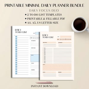 Daily Planner Printable PDF Bundle: Minimal To-Do List Templates, Productivity Set