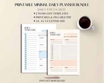 Daily Planner Printable PDF Bundle: Minimal To-Do List Templates, Productivity Set