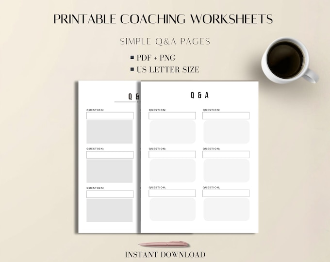 Coaching Worksheets Printable: Minimal Q&A Templates, PDF + PNG, Letter Size
