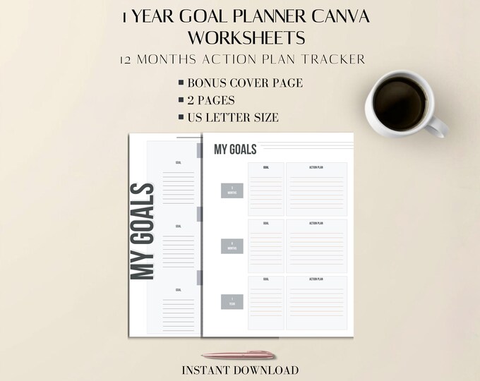 Goal Planner Canva Template: 12 Month Action Plan US Letter PDF