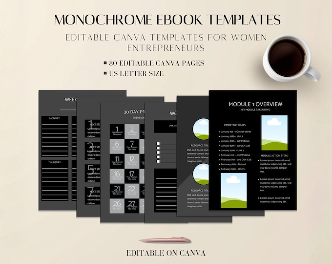 eBook Canva Template Monochrome: 80 Page Minimal Dark Editable Design