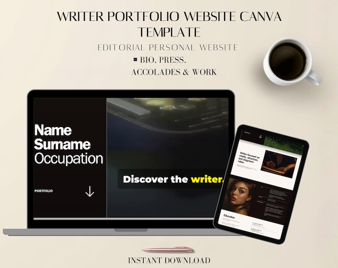 Featured listing image: Writer Portfolio Website Canva Template | Editorial Personal Website | Bio, Publications, Press & Work