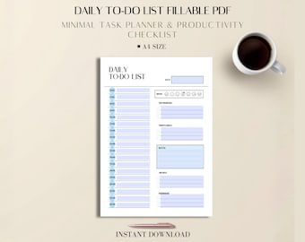 Daily To Do List Fillable PDF | Minimal Task Planner | Productivity Checklist | A4