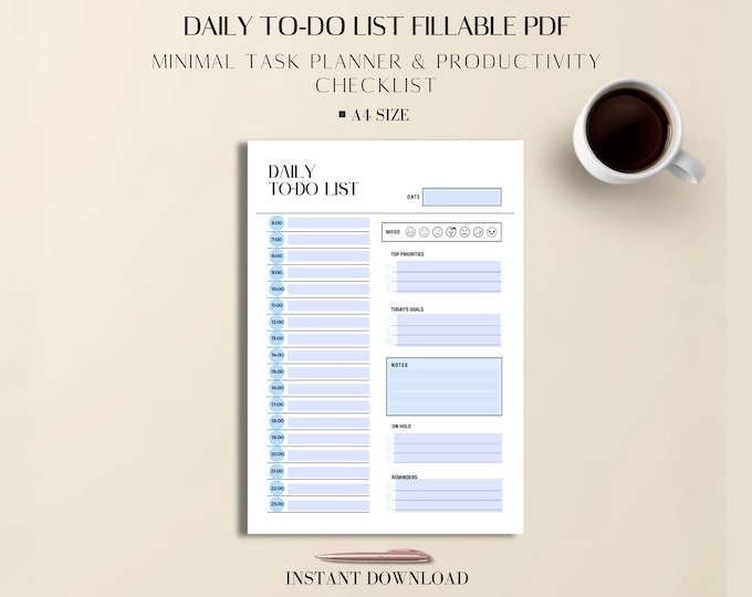 Daily To Do List Fillable PDF | Minimal Task Planner | Productivity Checklist | A4