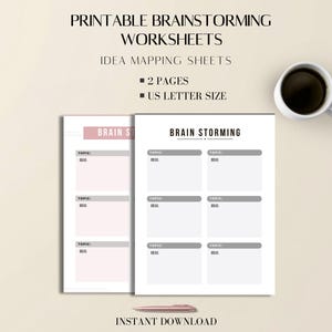 Może przedstawiać: Drukowane arkusze burzy mózgów z arkuszami mapowania pomysłów. Obraz przedstawia dwie strony, jedną różową i jedną białą, ze słowami "Brain Storming" na górze. Arkusze mają format US Letter i zawierają miejsce na tematy i pomysły.