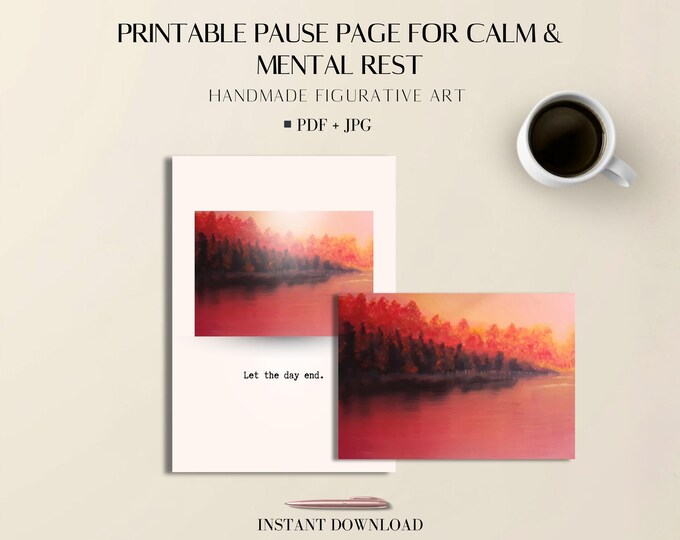Printable Pause Page for Calm & Mental Rest | Sunset Visual Reset Print | Handmade Figurative Art | PDF + JPG