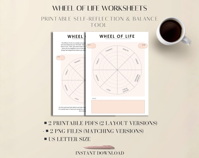 Wheel of Life Worksheets Bundle: Printable PDF, Balance Chart, Minimal Design