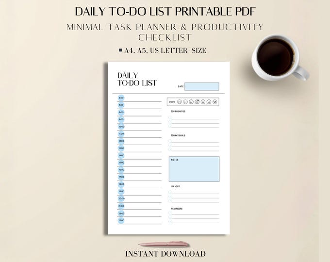 Featured listing image: Daily To Do List Printable PDF | Minimal Task Planner | Productivity Checklist | A4, A5, US Letter