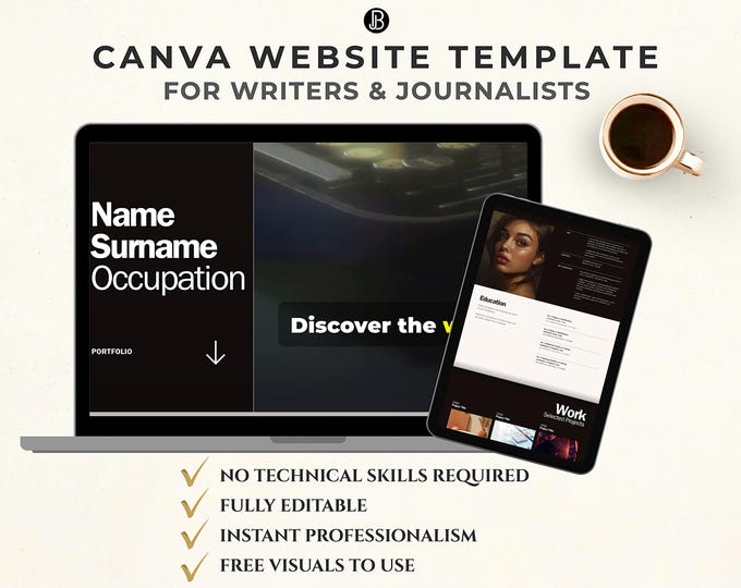 Canva Website Template for Writers & Journalists, Editable Personal Website, Modern Resume Template, Creative CV, Digital Download