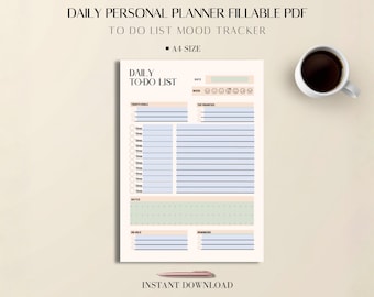 Daily Personal Planner Fillable PDF |  To Do List Mood Tracker | A4