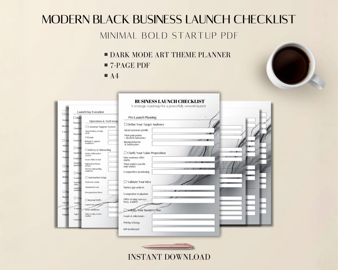 Business Checklist PDF A4: Modern Black Startup Planner, 7 Pages, Dark ...