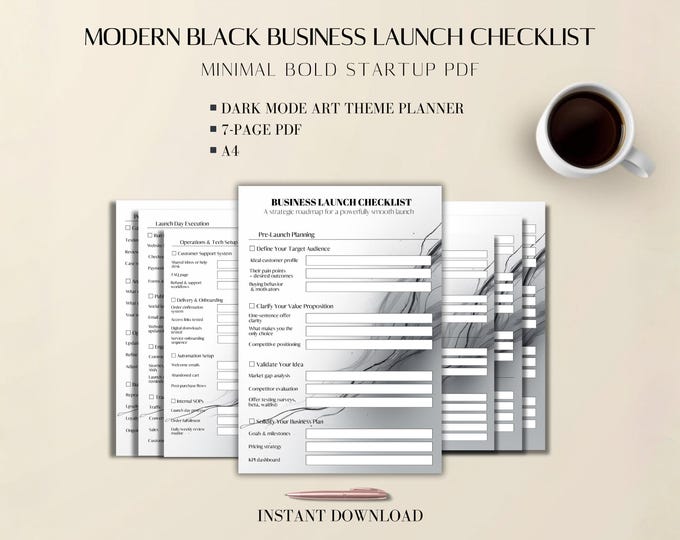 Featured listing image: Modern Black Business Launch Checklist | Dark Art Theme Planner | Startup PDF | 7-Page | A4