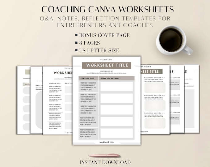 Coaching Worksheets PDF: Editable Canva Templates, Q&A, Notes, Reflection, 8 Pages US Letter