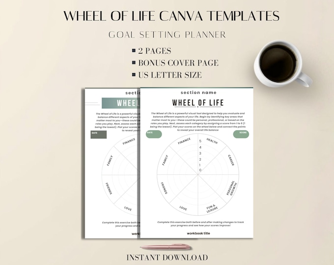 Wheel of Life Canva Templates: Minimal Goal Planner & Self-Reflection Worksheet US Letter