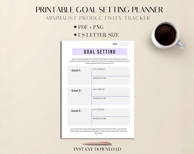 Goal Setting Planner Printable PDF: Minimalist Productivity Tracker US Letter Size